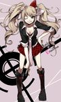  ;q blonde_hair blue_eyes boots bow brown_hair bunny bunny_hair_ornament character_name cross-laced_footwear danganronpa danganronpa_1 enoshima_junko hair_bow hair_ornament ikusaba_mukuro knee_boots lace-up_boots leaning_forward long_hair necktie one_eye_closed pink_hair school_uniform skirt sleeves_rolled_up smile solo tongue tongue_out twintails wonoco0916 