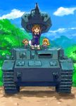  akiyama_yukari brown_eyes brown_hair caterpillar_tracks chikuwa_(tks) cloud day dirt_road girls_und_panzer ground_vehicle lifting long_hair looking_at_viewer military military_uniform military_vehicle motor_vehicle mountain multiple_girls nishizumi_miho ooarai_military_uniform panzerkampfwagen_iv parody sazae-san school_uniform short_hair skirt smile takebe_saori tank uniform 