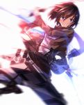  blue_eyes brown_hair mikasa_ackerman motion_blur paradis_military_uniform shingeki_no_kyojin short_hair solo swordsouls three-dimensional_maneuver_gear weapon 