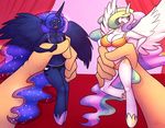  anthro anthrofied big_breasts blue_eyes blue_fur blue_hair breasts cleavage clothed clothing cutie_mark equine female first_person_view friendship_is_magic fur group hair horn horse looking_at_viewer mammal micro multi-colored_hair my_little_pony pony princess_celestia_(mlp) princess_luna_(mlp) purple_eyes sheela skimpy white_fur winged_unicorn wings 