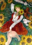  ascot barefoot blush boots flower green_hair highres kazami_yuuka lying nathaniel_pennel open_clothes open_mouth open_shirt plaid plaid_skirt plaid_vest red_eyes shirt shoes_removed short_hair skirt smile socks_removed solo sunflower touhou umbrella vest 