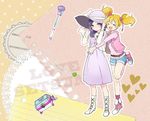  :d blonde_hair butadon character_name closed_eyes couple fresh_precure! hands_on_headwear hands_up happy hat higashi_setsuna jewelry md5_mismatch momozono_love multiple_girls music_box open_mouth paper pendant pink_vest precure purple_hair smile standing standing_on_one_leg star starry_background twintails vest yuri 