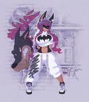  2018 adidas anthro baggy_clothing big_breasts black_nose bracelet breasts canine clothed clothing detailed_background doberman dog female fishnet fully_clothed graffiti hair hairband hi_res hoodie huge_breasts jewelry long_hair mammal midriff navel pants purple_hair smutbunny sneakers solo spiked_bracelet spikes standing wide_stance 