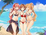  beach bikini black_sarong blonde_hair blue_eyes breasts brown_hair cleavage cloud day hairband lily_(vocaloid) long_hair medium_breasts megurine_luka meiko multiple_girls nail_polish navel ocean outdoors pink_hair ponytail print_sarong red_eyes sarong short_hair sky smile swimsuit tree uruhara_ryuuku very_long_hair vocaloid 