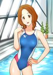  :d amakata_miho brown_eyes brown_hair competition_swimsuit free! hand_on_hip head_tilt indoors one-piece_swimsuit open_mouth pool poolside rei_no_pool short_hair smile solo swimsuit ueyama_michirou window 