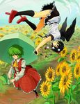  blouse camera dress field flower flying frills geta grin jpeg_artifacts kazami_yuuka multiple_girls pantyhose parasol plaid plaid_dress retora shameimaru_aya short_hair skirt smile sunflower tengu touhou umbrella upside-down wings 