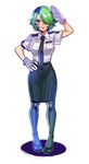  blush breasts eyepatch full_body gloves green_hair hair_over_one_eye large_breasts necktie okada_(hoooojicha) otonashi_kiruko pantyhose pencil_skirt police police_uniform policewoman salute shinmai_fukei_kiruko-san short_hair skirt smile solo uniform white_gloves 