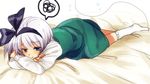 :t blue_eyes crossed_arms hair_ribbon head_rest kneehighs konpaku_youmu konpaku_youmu_(ghost) long_sleeves looking_at_viewer lying no_shoes on_bed on_stomach pout ribbon silver_hair simple_background skirt skirt_set solo spoken_squiggle squiggle sweat tears touhou tyeinn-suineryuu white_background 