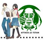  1girl bag black_eyes black_hair briefcase brown_eyes brown_hair coffee contemporary cup dress_shirt drinking_straw eren_yeager highres logo mikasa_ackerman miyashirou_(312_1mmm1_213) parody scarf school_bag school_briefcase school_uniform shingeki_no_kyojin shirt short_hair star starbucks sweater_vest triangle watch 