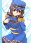  blue_dress blue_napoleon breasts brown_hair cleavage dress epaulettes glasses hand_on_own_chest hat highres idolmaster idolmaster_cinderella_girls kamijou_haruna long_sleeves looking_at_viewer medium_breasts short_hair smile solo sorano_(12gou) standing star tareme yellow_eyes 