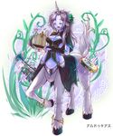  animal_ears anklet ars_goetia blue_skin blush breasts bridal_gauntlets capelet centaur cleavage closed_eyes hair_ornament hooves horn instrument jewelry long_hair lyre medium_breasts monster_girl open_mouth original plant purple_hair solo sud_(sudea) tail tambourine translated 