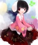  animal_ears bad_id bad_pixiv_id black_hair bunny_ears cosplay dress faux_traditional_media houraisan_kaguya houraisan_kaguya_(cosplay) inaba_tewi japanese_clothes long_sleeves looking_at_viewer maccha_cocoa_(mococo) multicolored multicolored_background open_mouth red_eyes short_hair solo touhou wide_sleeves 