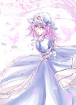  cherry_blossoms hat highres japanese_clothes kakao_(noise-111) looking_back pink_eyes pink_hair saigyouji_yuyuko simple_background touhou triangular_headpiece wide_sleeves 
