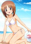  ball beach beachball bikini blush breasts brown_eyes brown_hair cleavage cloud day diesel-turbo front-tie_top girls_und_panzer kneeling large_breasts light_rays looking_at_viewer navel nishizumi_miho outdoors short_hair side-tie_bikini sky solo sunbeam sunlight swimsuit white_bikini 