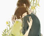  1girl blush brown_hair closed_eyes couple flower hetero hug mole original short_hair yukimori_nene 