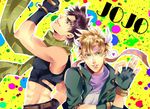  black_hair blonde_hair blue_eyes brown_hair caesar_anthonio_zeppeli crop_top facial_mark fingerless_gloves gloves green_eyes green_jacket headband heart jacket jojo_no_kimyou_na_bouken joseph_joestar_(young) midriff multiple_boys rinnsei53 scarf spoken_heart 