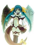  asymmetrical_wings bare_shoulders blue_hair bow breasts choker dizzy guilty_gear hair_bow hand_on_hip ico_(green_bullet) long_hair medium_breasts open_mouth red_eyes ribbon solo tail tail_ribbon twintails wings 