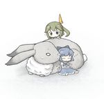  2girls bad_id bad_pixiv_id barefoot blue_dress blue_hair bow bunny chibi cirno closed_eyes daiyousei dress green_eyes green_hair hair_bow hair_ribbon ice ice_wings minigirl multiple_girls puffy_sleeves ribbon shirt short_sleeves side_ponytail sitting sleeping touhou wings yuasan zzz 