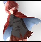 bow cape covering_mouth hair_bow letterboxed red_eyes red_hair sekibanki shine5s short_hair simple_background skirt solo touhou 