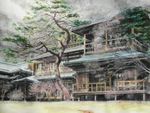  chiikame east_asian_architecture landmark no_humans original pine_tree real_world_location scenery traditional_media tree watercolor_(medium) winter 