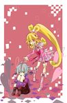  1girl :d ahoge aida_mana blonde_hair blue_hair boots bow comforting cure_heart dokidoki!_precure ghost half_updo ira_(dokidoki!_precure) knees_to_chest long_hair open_mouth outstretched_hand pink_bow pink_eyes pink_footwear pink_sleeves ponytail precure sad short_hair sitting smile standing w00p yellow_eyes 