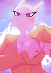  big_breasts blush breast_grab breasts clothing female frown grope mewtwo milftwo_(character) nintendo nipples one_breast_out pok&#233;mon pok&eacute;mon presenting purple_eyes solo sunibee sweat unhappy video_games 