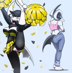  anthro big_breasts black_hair breasts cheerleader cleavage clothed clothing female hair happy looking_back nintendo panties pok&#233;mon pok&#233;morph pok&eacute;mon pom_poms red_eyes smile teckworks underwear video_games white_hair 