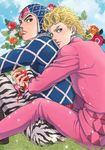  bad_id bad_pixiv_id black_eyes blonde_hair blue_eyes curly_hair flower giorno_giovanna guido_mista hat hug hug_from_behind jojo_no_kimyou_na_bouken male_focus midriff multiple_boys uchiyama_lammy 