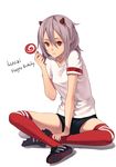  candy fkey food grey_hair gym_shorts happy_birthday highres horns indian_style lips lollipop long_hair original over-kneehighs red_eyes red_legwear shoes shorts sitting sneakers soccer_uniform solo sportswear swirl_lollipop thighhighs 