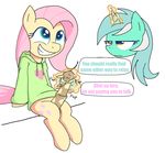  &lt;3 amber_eyes apony balls blue_eyes dialog dickgirl english_text equine erection female fluttershy_(mlp) friendship_is_magic frown hair hand handjob horn horse horsecock intersex lyra_(mlp) magic my_little_pony pegasus penis pink_hair pony sex smile text two_tone_hair unicorn wings 