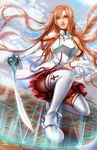  allison_chan armor asuna_(sao) banned_artist bare_shoulders blue_sky braid breastplate brown_eyes brown_hair cloud cloudy_sky day detached_sleeves french_braid lips long_hair magic_circle nose one_knee petals pleated_skirt skirt sky smile solo sword sword_art_online thighhighs weapon white_legwear wind wind_lift 