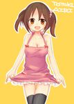  apron black_legwear blush breasts brown_eyes brown_hair character_name cleavage ico_(green_bullet) idolmaster idolmaster_cinderella_girls looking_at_viewer medium_breasts naked_apron short_hair simple_background smile solo thighhighs totoki_airi yellow_background 