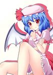  bat_wings blue_hair blush hat hat_ribbon red_eyes remilia_scarlet ribbon sitting solo thighs touhou wings wrist_cuffs yakumo_nanahara 