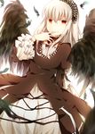  bad_id bad_pixiv_id cross doll_joints dress feathers flower frills gothic_lolita hairband lolita_fashion long_hair long_sleeves nyowaa417 puffy_sleeves red_eyes ribbon rozen_maiden silver_hair smile solo suigintou white_background wings 
