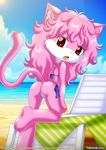  bbmbbf beach bikini butt cat clothed clothing cute feline female hair looking_at_viewer looking_back mammal pink_hair red_eyes seaside skimpy sky swimsuit thong tight_clothing 