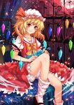  bat bat_wings blonde_hair bow cha_chazi curtains flandre_scarlet flower hat mob_cap moon red_eyes ribbon short_hair side_ponytail sitting smile solo touhou window wings 