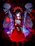  ashley_(warioware) black_hair bone crossed_arms dress expressionless heart highres lips looking_at_viewer pantyhose red_dress red_eyes ribs shaded_face short_hair skeleton skull standing stuffed_animal stuffed_bunny stuffed_toy twintails warioware 