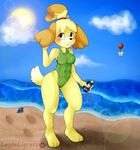  animal_crossing anthro beach blush box brown_hair canine dog female fur hair isabelle_(animal_crossing) leylaligress mammal nintendo one-piece one-piece_swimsuit seaside solo sunscreen swimsuit video_games yellow_fur 