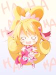  :d aida_mana blonde_hair blush boots bow chibi cure_heart dokidoki!_precure hair_ornament heart heart_hair_ornament laughing long_hair o_o open_mouth pink_bow pink_footwear pink_sleeves precure sakurai_toma smile solo 