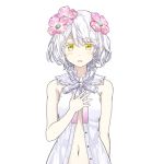  1girl bare_shoulders blush collar eyebrows_visible_through_hair flower hair_flower hair_ornament hand_on_own_chest kudou_chitose lowres midriff navel nijisanji official_art open_clothes open_mouth ribbon smile solo standing tachi-e upper_body virtual_youtuber white_hair yellow_eyes 
