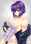  abs bare_shoulders belt breasts cleavage fingerless_gloves ghost_in_the_shell gloves highres jacket kusanagi_motoko large_breasts lips purple_hair red_eyes short_hair solo sweat zonda_(solid_air) 