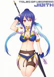  blue_hair breasts cleavage copyright_name covered_nipples dark_blue_hair ico_(green_bullet) judith long_hair looking_at_viewer medium_breasts pointy_ears purple_eyes simple_background smile solo tales_of_(series) tales_of_vesperia white_background 