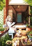  bench bird book brown_hair capri_pants cat copyright_request dog dress eurasian_tree_sparrow flower green_eyes long_hair pants plant potted_plant sandals scenery shiba_inu sitting smile soujirou sparrow 