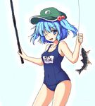  blue_eyes blue_hair breasts fish fishing fishing_rod hair_bobbles hair_ornament hat holding holding_fishing_rod isaki_(gomi) kawashiro_nitori name_tag one-piece_swimsuit one_eye_closed open_mouth school_swimsuit short_hair small_breasts smile solo swimsuit touhou two_side_up 