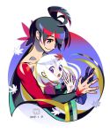  1boy 1girl black_hair closed_mouth couple eyebrows_visible_through_hair heterochromia highres japanese_clothes katanagatari leaf long_hair looking_at_another looking_at_viewer maple_leaf on_lap open_mouth ponytail shirtless sitting smile togame white_hair yasuri_shichika 