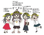  &gt;_&lt; book closed_eyes dress glasses hairband haruna_(kantai_collection) heart heart_in_mouth hiei_(kantai_collection) kantai_collection kirishima_(kantai_collection) kongou_(kantai_collection) long_hair looking_at_viewer multiple_girls open_mouth semi-rimless_eyewear shino_(ponjiyuusu) shirt_grab short_hair shorts simple_background skirt smile translated under-rim_eyewear white_background younger 