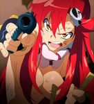  aiming_at_viewer angry annoyed breasts censored cleavage convenient_censoring duplicate fingerless_gloves gloves gun hair_ornament hair_over_breasts jpeg_artifacts long_hair medium_breasts open_mouth pun2 red_hair scarf solo tengen_toppa_gurren_lagann tengen_toppa_gurren_lagann:_gurren-hen topless weapon yellow_eyes yoko_littner 