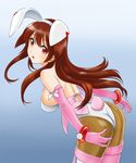  1girl animal_ears artist_request ass blue_background breasts brown_hair bunny_ears bunny_tail bunnysuit chaborin elbow_gloves fake_animal_ears female gloves gradient gradient_background long_hair looking_at_viewer pantyhose read_eyes red_eyes saki sideboob solo tail thighhighs 