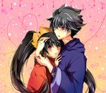  1girl ashley_(warioware) black_hair brown_eyes couple hand_on_head heart height_difference hetero highres hug long_hair parted_lips red_eyes twintails warioware young_cricket 