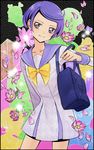  ai-chan_(dokidoki!_precure) bag blue_sailor_collar dokidoki!_precure dress eyelashes flower hair_ornament hairclip highres kenzaki_makoto marie_ange multiple_views naokado oogai_daiichi_middle_school_uniform petals precure projected_inset purple_eyes purple_hair sailor_collar sailor_dress school_bag school_uniform short_hair smile 